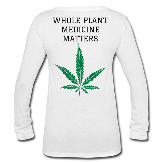 Whole Plant Medicine Matters Women's Long Sleeve V-Neck Flowy Tee. - white