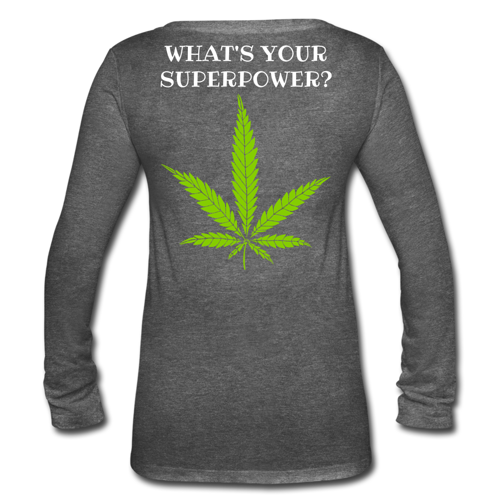 What's Your Superpower Ladies Long Sleeve V-Neck Flowy Tee - deep heather