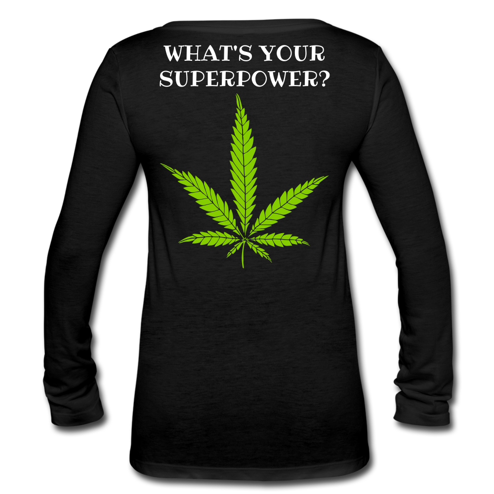 What's Your Superpower Ladies Long Sleeve V-Neck Flowy Tee - black