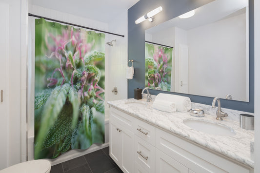 Blooming With Purple Cannabis Custom Designed Shower Curtain. A Unique Cannabis Gift For Friends & Family. Cannabis Decor For Your Home.