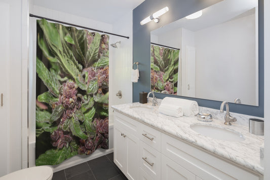 The Cannabis Buds Custom Designed Shower Curtain .  A Unique Cannabis Gift For Friends & Family. Cannabis Decor For Your Home.