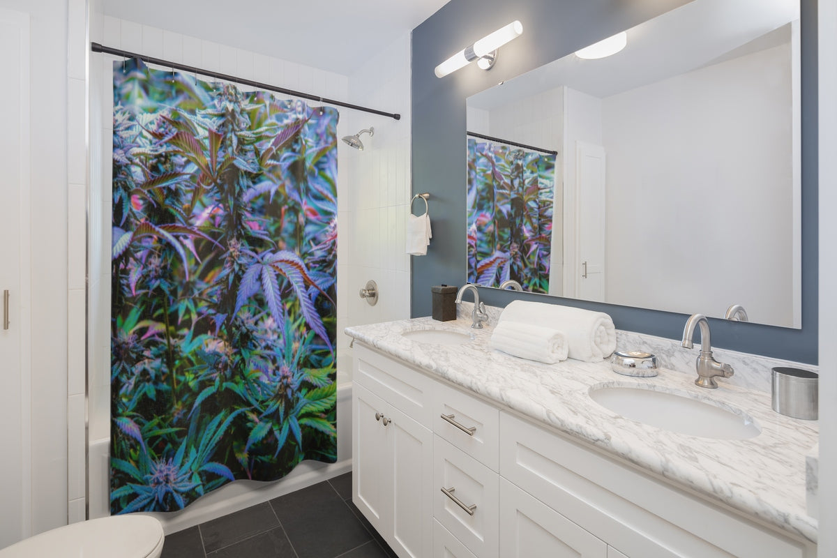 The Rainbow Cannabis Custom Designed Shower Curtain.  A Unique Cannabis Gift For Friends & Family. Cannabis Dec For Your Home.