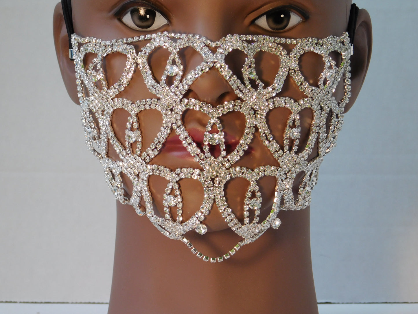 Silver Heart Shaped Rhinestone Face Mask Cover