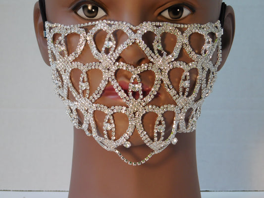 Silver Heart Shaped Rhinestone Face Mask Cover