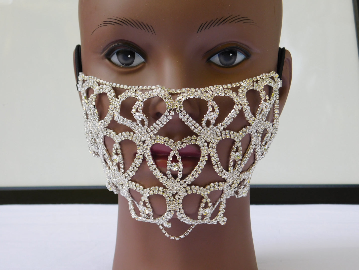 Silver Heart Shaped Rhinestone Face Mask Cover