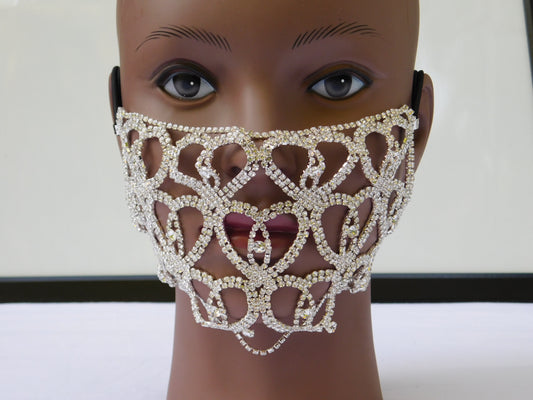 Silver Heart Shaped Rhinestone Face Mask Cover
