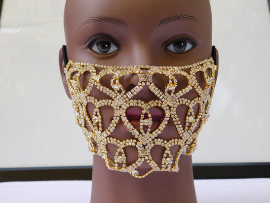 Gold Heart Shaped Rhinestone Face Mask Cover