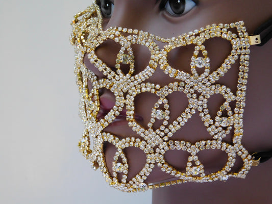 Gold Heart Shaped Rhinestone Face Mask Cover