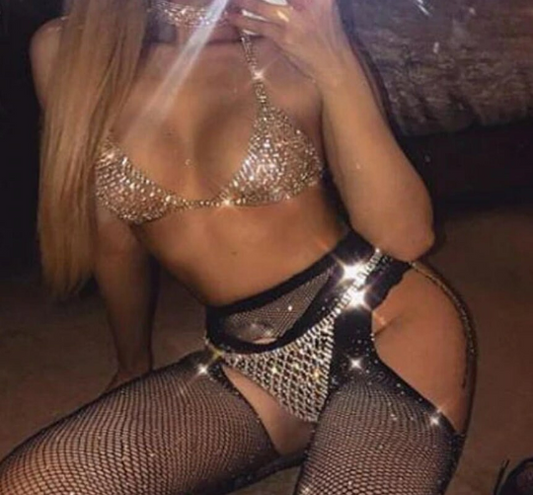 Gold Rhinestone Bra & Thong Set