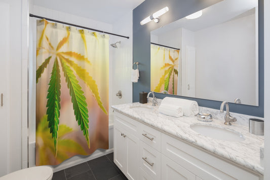 Sunrise Sunset Cannabis Custom Designed Shower Curtain .  A Unique Cannabis Gift For Friends & Family. Cannabis Decor For Your Home.