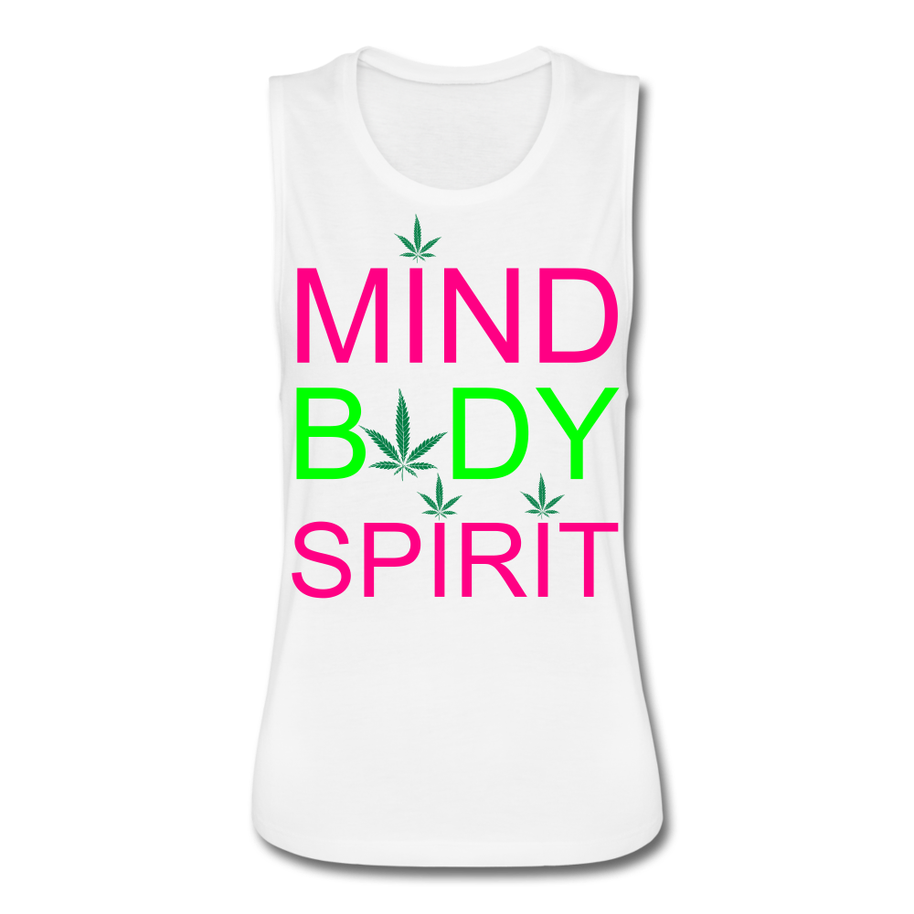 Mind Body Spirit Women’s Flowy Muscle Tank by Bella - white