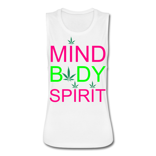 Mind Body Spirit Women’s Flowy Muscle Tank by Bella - white